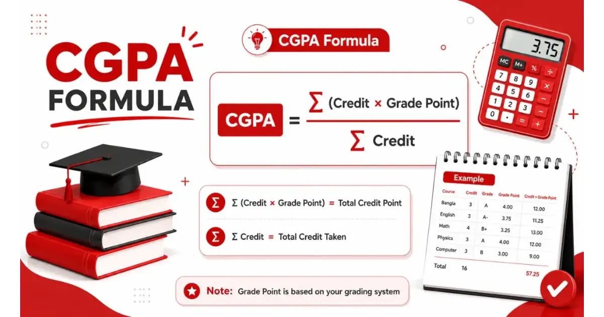 CGPA formula breakdown showing grade point multiplied by credits divided by total credit hours