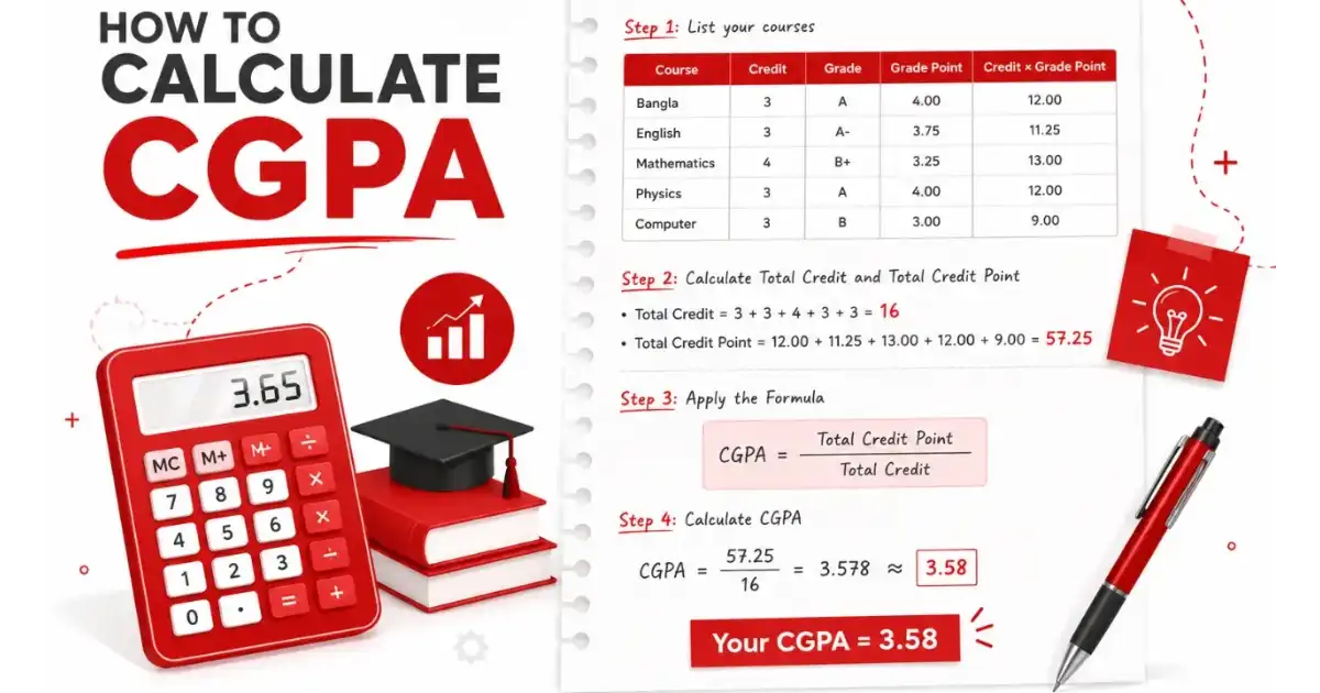 Step-by-step CGPA calculation table showing grade points, credit hours and quality points